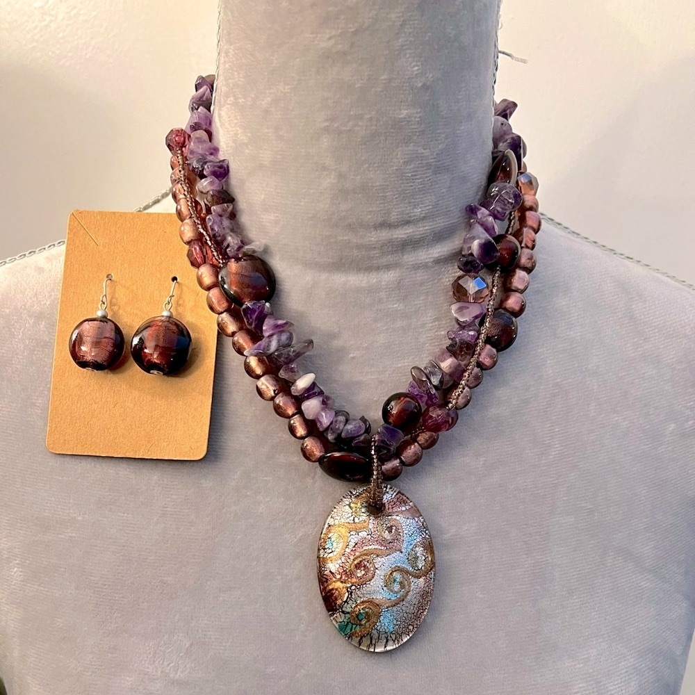Purple Beaded Necklace and Earrings